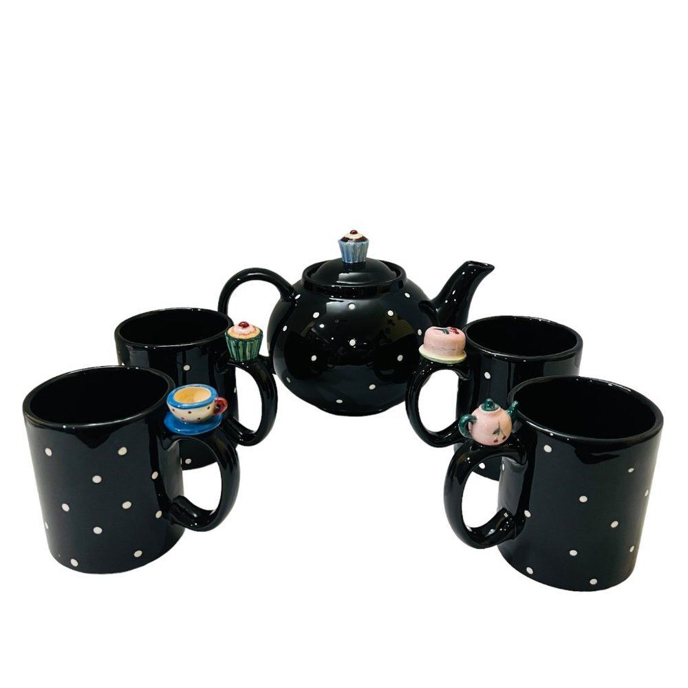 NWT Vintage Department 56 Tea Party Tea Pot & 4 Mugs Alice in Wonderland Picnic